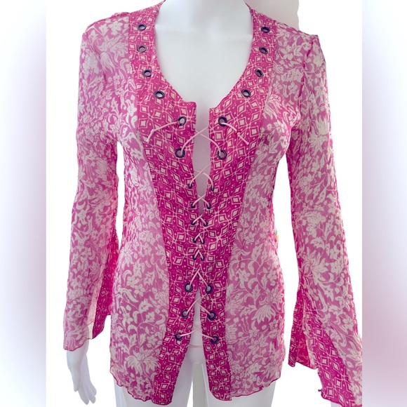 ✨POUPETTE St Barth sheer pink & white long sleeve blouse - Picture 1 of 11